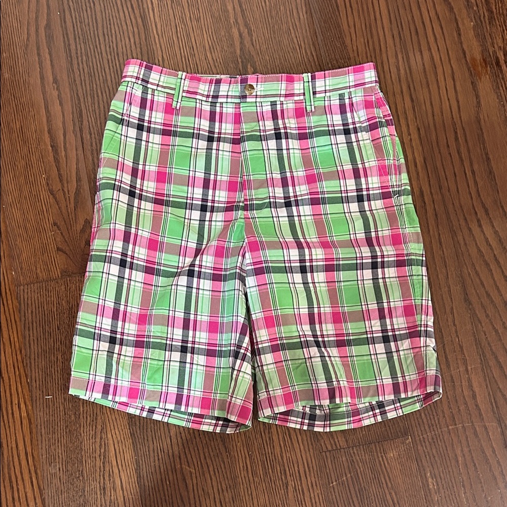 FootJoy Plaid Flat-Front Shorts in Pink and Green madras plaid 30
